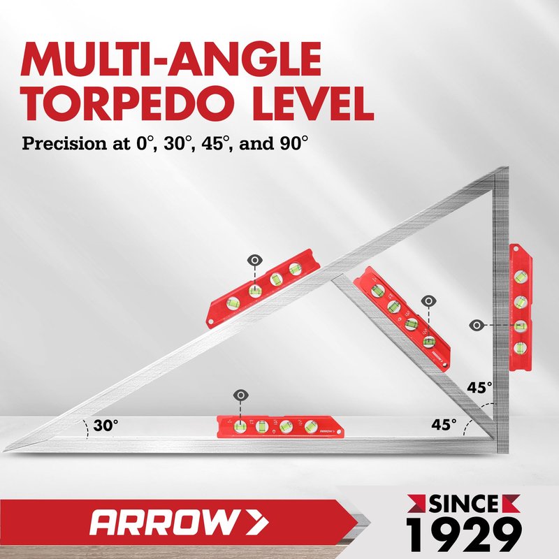 ARROW 8-Inch Torpedo Level, Magnetic Level Tool with 0°/30°/45°/90° Bubbles, Top-view Windows, Aluminium Alloy Frame, Dual Metric and SAE Scales