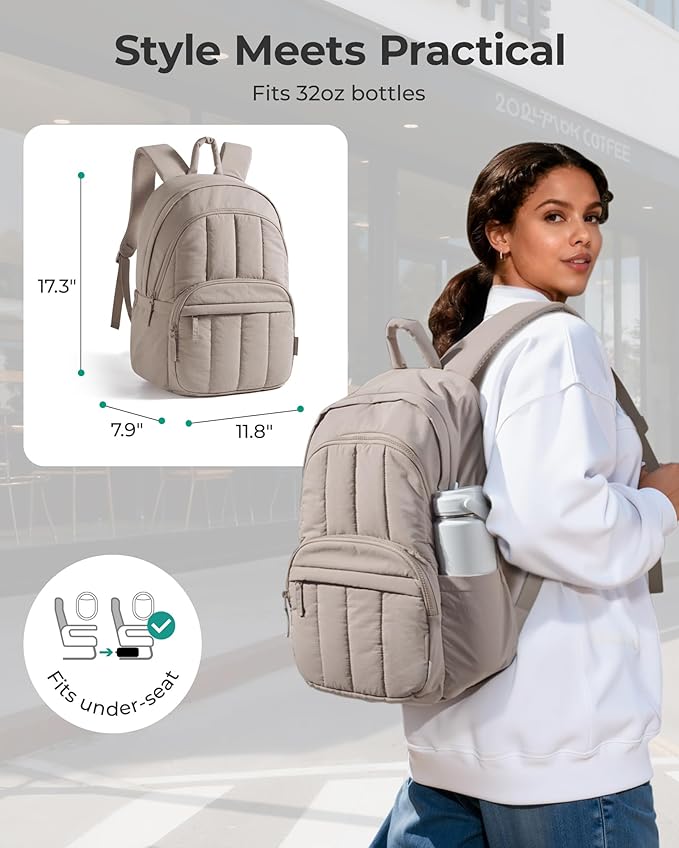 BAGSMART Womens Backpack Travel Laptop Backpack for Women, Quilted College Laptop Bookbag, Work Back Pack for Women, Cute Computer Water-Resistant Casual Daypack, Puffer Beige