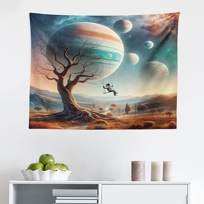 Ambesonne Space Tapestry, Scene of a Lonely Astronaut on a Swing in an Unknown Galaxy Among Planets and Trees, Fabric Wall Hanging Decor for Bedroom Living Room Dorm, 28" X 23", Teal Ginger