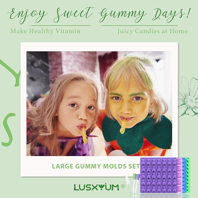 LUSHYUM Gummy Worm Molds Silicone 6ML 14ML, 4PCS Non-Stick Silicone Large Worm Molds for Chocolate Gummy Candy 60 Cavity with 2 Droppers & Brush, Ideal Gift for Kids Adult Halloween Party