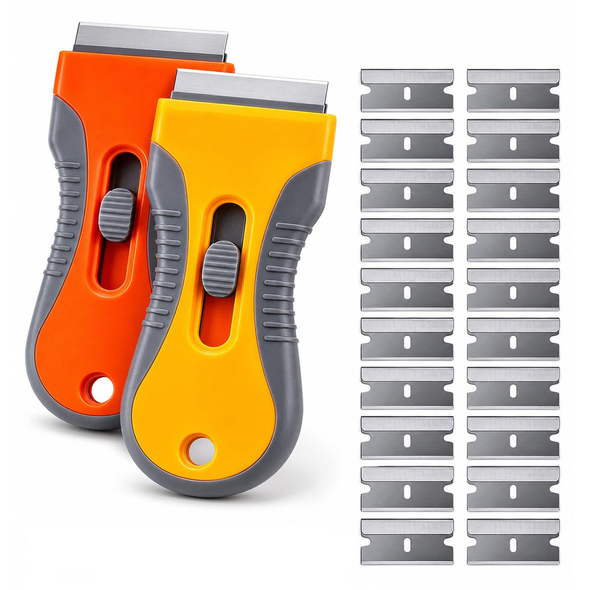 Razor Blade Scraper Set, 2 Safety-Lock Handles + 20 Steel Blades