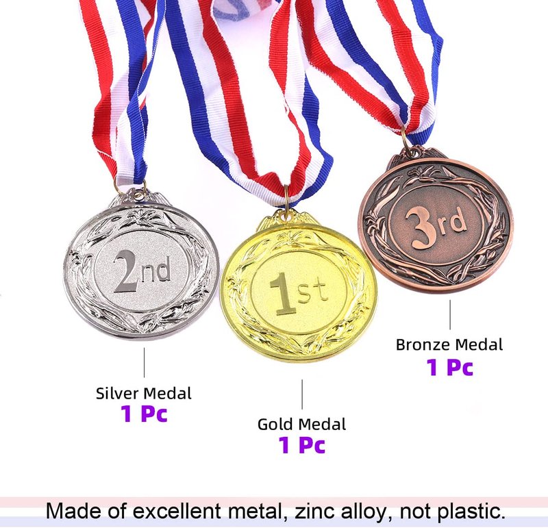 Swpeet 3PCS Metal Award Medals with Neck Ribbon, Olympic Style Winner Medals Gold Silver Brone Medals 1st 2nd 3rd Place Medals for Sports, Competitions, Party