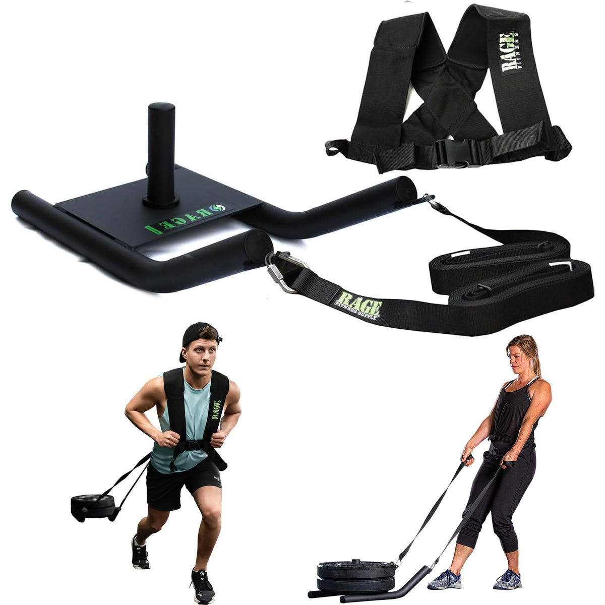 Rage Fitness R2 Weight Training Pull Sled with Harness. 90 LBS Capacity & 6.5 Feet Strap. Power Speed Sled Ideal for Endurance and Weight Training. Compatible with Bumper Plates (Black)