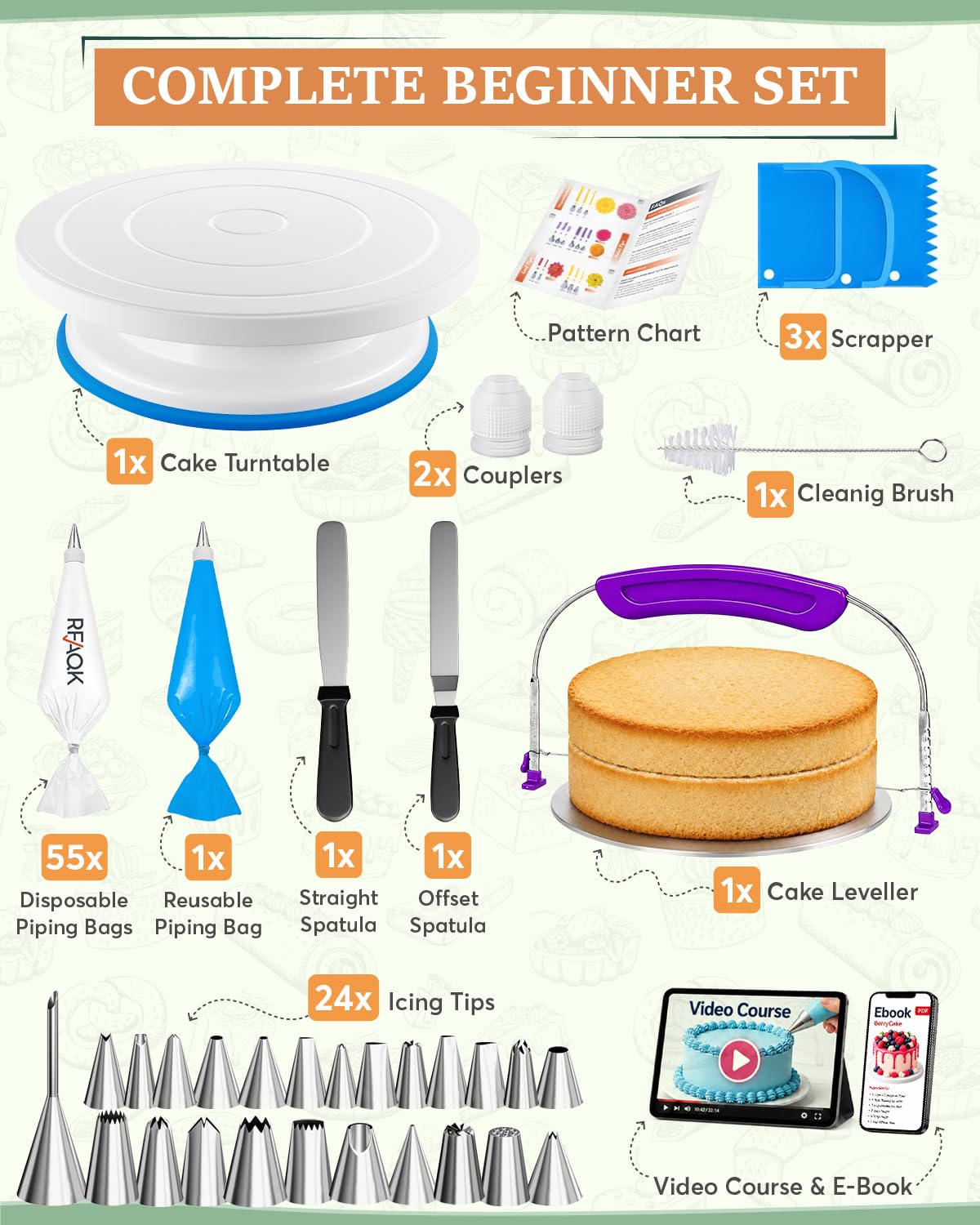 RFAQK 90PCs Cake Decorating Kit for Beginners, Baking Supplies Includes Cake Turntable, Cake Leveler, 24 Icing Piping Tips, 56 Piping Bags, 2 Couplers, Spatulas, Scrapers, Video Course and Booklet