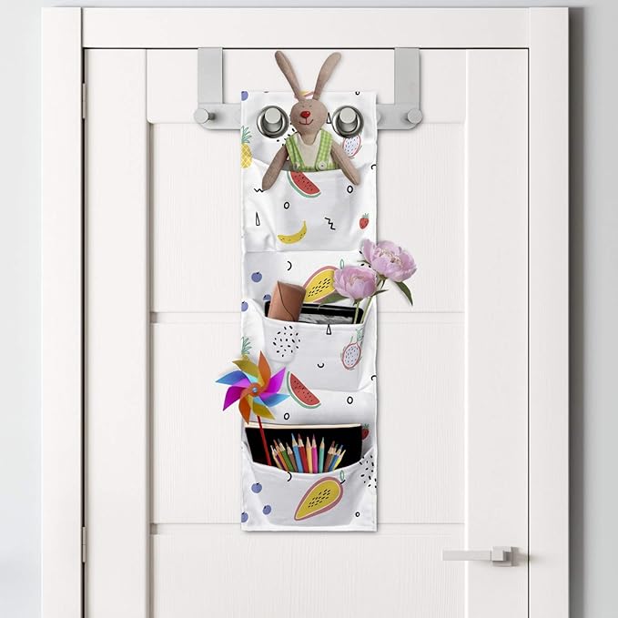 Ambesonne Fruits Hanging Pocket Organizer, Hand Drawn Tropical Items and Dots or Mini Motifs Scattered on a Plain Background, Printed Polyester Storage Bag with Pockets, 9" x 27", Multicolor