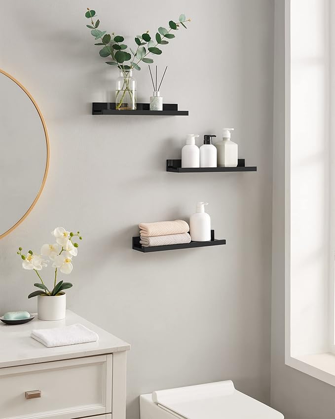 SONGMICS Floating Shelves, Set of 3 Wall Shelves, 15-Inch Wide, for Photo Frames and Trinkets, for Living Room, Home Office, Kitchen, Bathroom, Black ULWS38BK