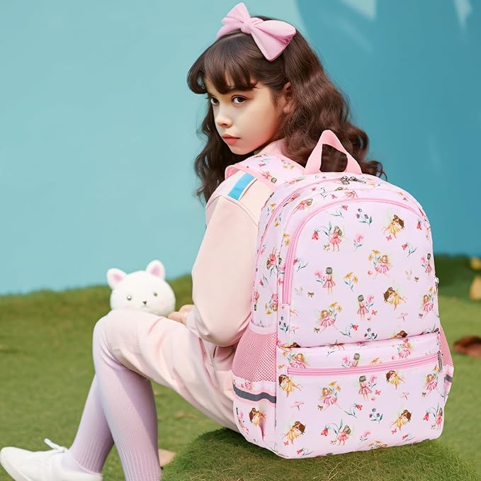 DSIUE Kids Backpack for Girls Elementary BookBags Teens School Backpack with Lunch Box Flower Fairy Pink