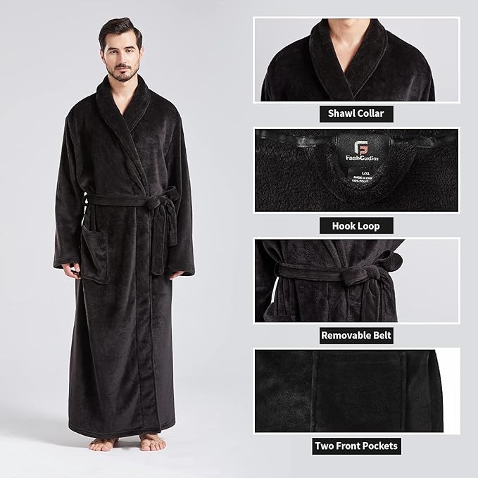 FashGudim Mens Robes Big and Tall Full Length Plush Fleece Long Robe for Men Bathrobe Shawl Collar Warm Winter House Robes