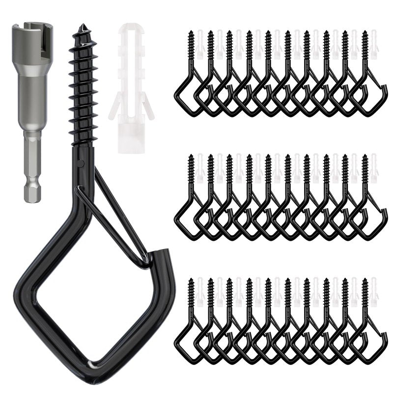 coutnier 20 PCS Screw Hooks with Safety Buckle, Heavy Duty Ceiling Hooks for Hanging Outdoor String Lights, Plants, Wind Chimes, 2.36 inches, Black