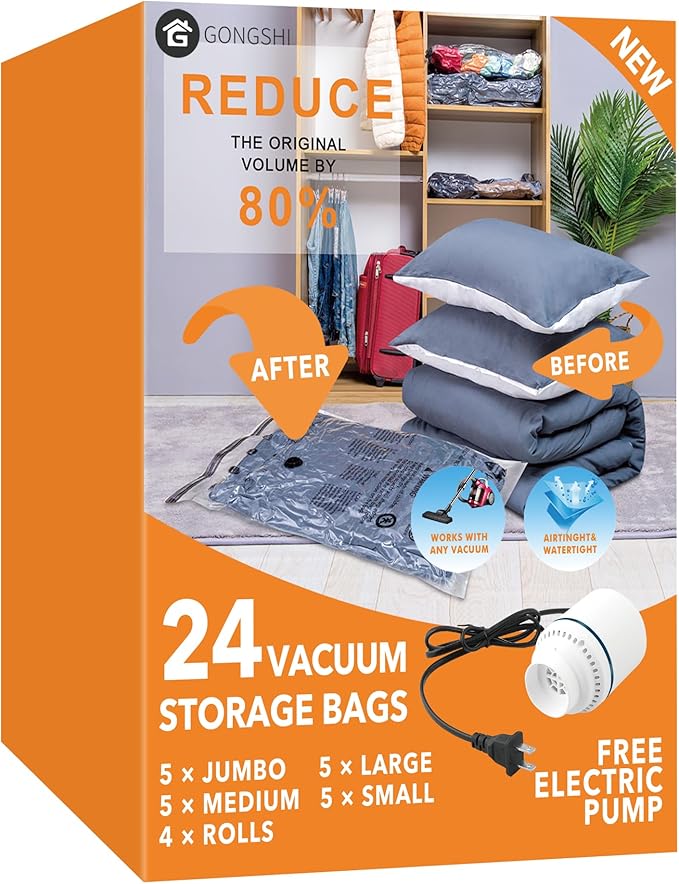 GONGSHI Vacuum Seal Bags for Clothing Travel & Home Storage, Travel Vacuum Bags with Pump,Space Saver for Blankets, Comforters, Pillows, Clothes,24 Combo with Electric Pump
