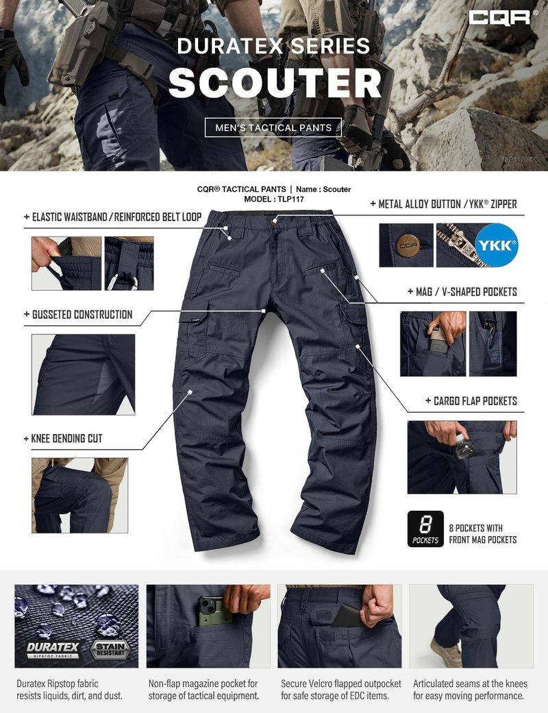 CQR Men's Tactical Pants, Water Resistant Ripstop Cargo Pants, Lightweight EDC Work Hiking Pants, Outdoor Apparel, Raider Police Navy, 40W x 30L