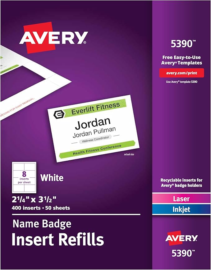Avery Customizable Name Badge Inserts, 2.25” x 3.5”, White, 400 Printable Name Tag Inserts (5390) (Pack of 5)