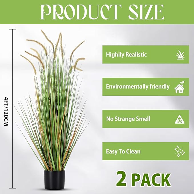 Jexine 2 Pieces Faux Plants Outdoor 4 ft Tall Artificial Grass Plant Potted Artificial Setaria Grass Faux Greenery Floor Plants for Housewarming Gift House Garden Lobby Outdoor (Green)