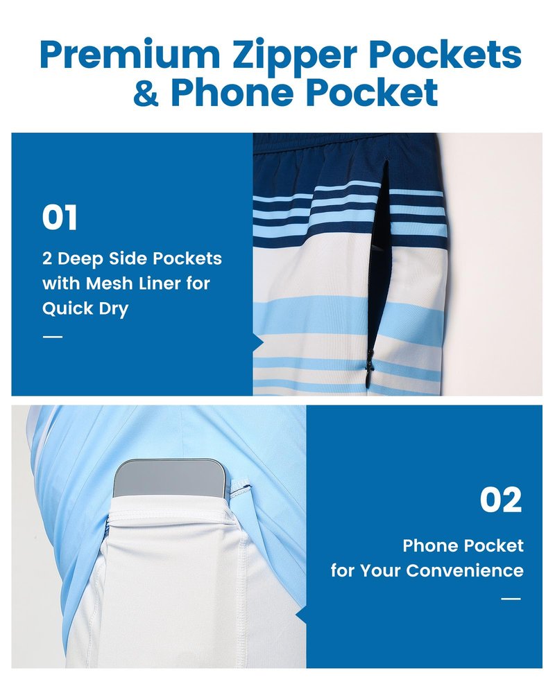 maamgic 2 in 1 Mens Swim Trunks 7 Inch Swim Shorts Swim Suits Board Shorts Blue White Horizontal Stripe XXL