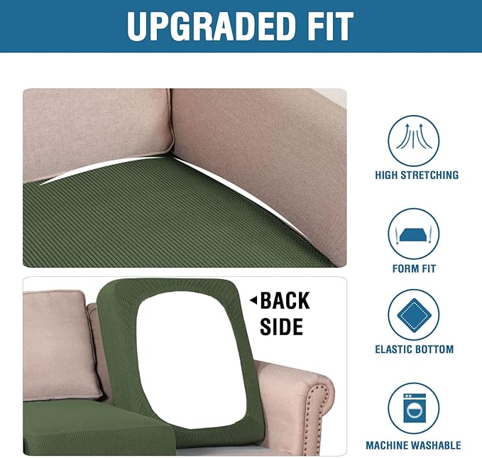 H.VERSAILTEX Super Stretch Individual Seat Cushion Covers - Sofa & Couch Cushion Slipcover Sets - Thick Jacquard Textured Twill Fabric (3 Piece XL Sofa Cushion Covers, Bronze Green)