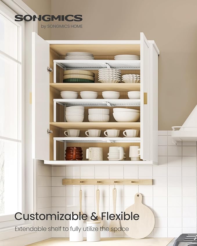 SONGMICS Spice Racks, Set of 3 Expandable Kitchen Countertop Shelves, Small Cupboard Organizers, Metal, Space-Saving Tabletop Shelves, Matte White UKCS403WC01