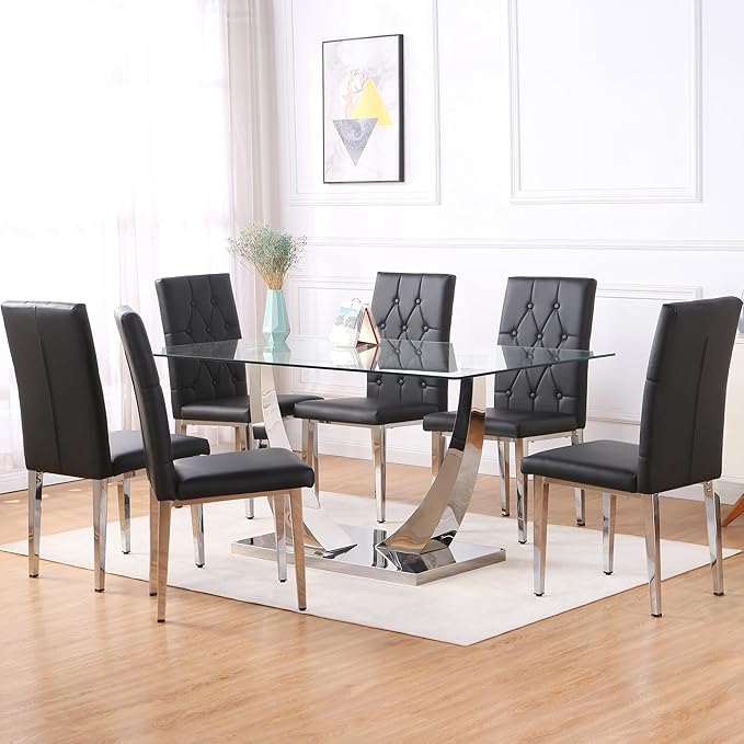 Modern Dining Table Set for 6, Glass Dining Table with 6 PU Leather Chairs, U-Shaped Legs and Rectangular Base