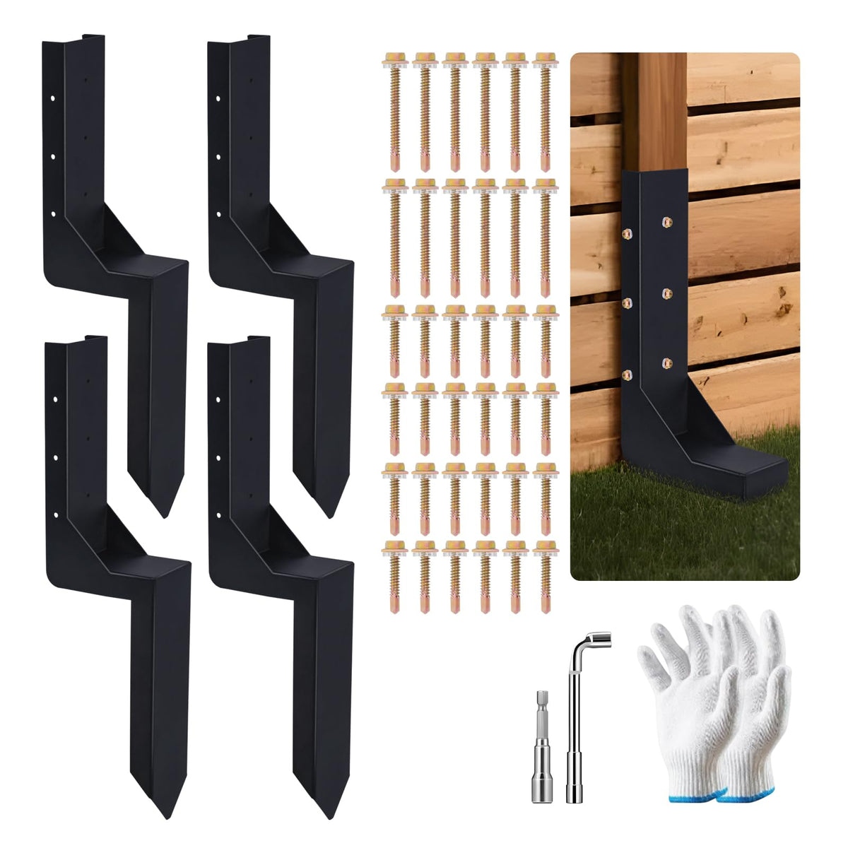 ATCWF 4-Pack 3.74" Width Fence Post Repair Kit, 24in Total Length Heavy Duty Ground Spike Anchor for Wooden Post Repairing Tilted/Broken Posts