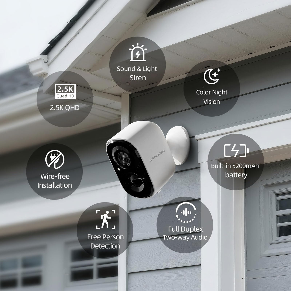 CINMOORE 2.5K Wireless Home Security Cameras 2-Pack, Outdoor WiFi Non-Subscription AI Person Detection, 4MP Color Night Vision, Full Duplex 2-Way Audio, IP66 Waterproof Battery Powered, U.S. AWS Cloud