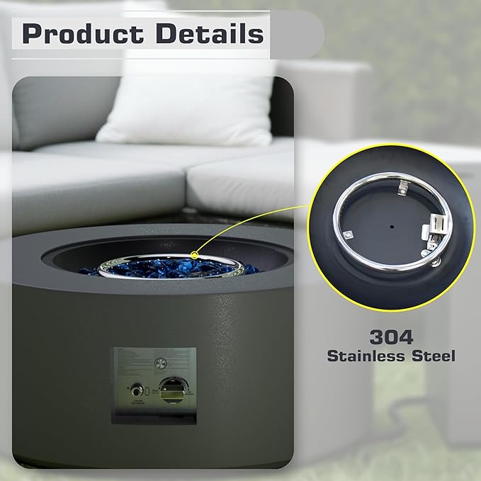 2-Piece 30" LED Round Propane Fire Pit for Outside Patio with Hidden Tank Table, 50,000 BTU Fireplaces with Lid, Glass Rocks, Cover(Dark Grey w/RGB Light)