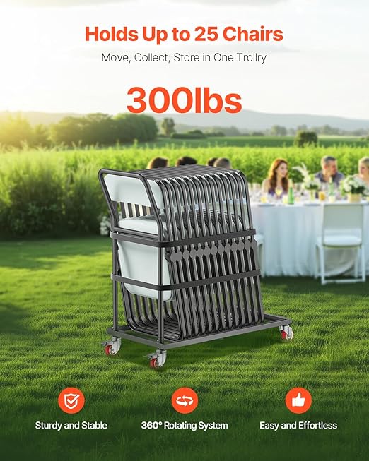 VEVOR Folding Chair Rack, 300 LBS Capacity, L-Shape Vertical Placement Chair Cart for 25 Chairs, Heavy-Duty Metal Chair Storage Dolly with Rubber Wheels, Multi-Function Chair Holder, Matte Black