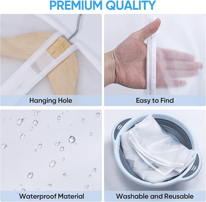 BALEINE 48'' Translucent Garment Bags, 12 Packs PEVA Dress Bag for Closet Clothes Dresses Suit Coats Storage (White, 12PK)