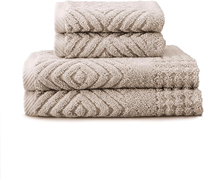 Texere 100% Organic Cotton Diamond Jacquard 700 GSM Luxury Bath Towel Sets - Ultra Soft and Absorbent Hotel and Spa Quality (Diamond, Oxford Tan, 2 Hand & 2 Face Towels)