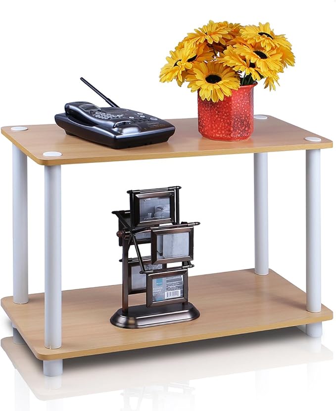 Furinno Turn-N 2-Tier No Tools Tube Shelf/End Table, Single, Beech/White
