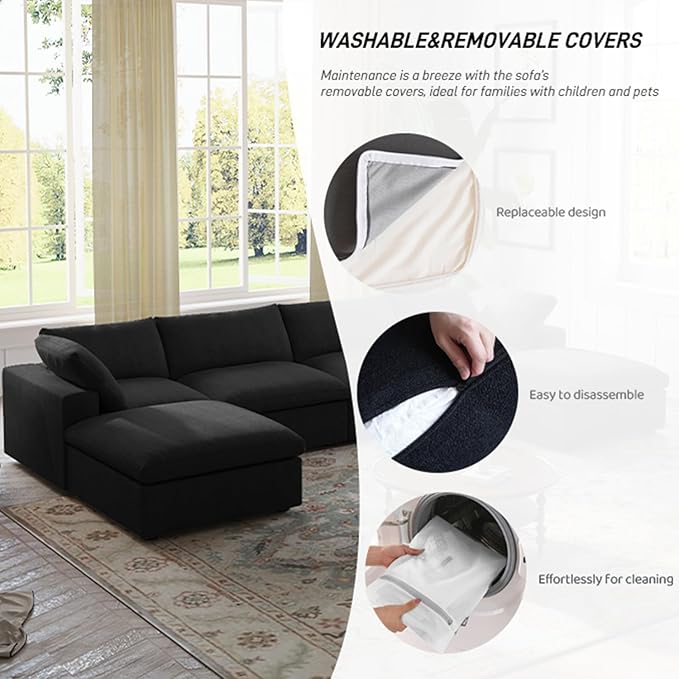 Cloud Couch Modular Sectional Sofa with 2 Storage Ottomans,160.6" U Shaped Couch,6 Seater Minimalist Wide Deep Seat Convertible Couches, Covers Washable&Replaceable,Black