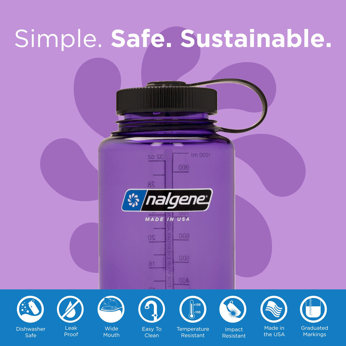Nalgene Wide Mouth Water Bottle | BPA-Free, Durable & Leak Proof, Lightweight Bottle for Hiking & Gym, Work & Travel, Purple, 32 Ounces (Pack of 6)