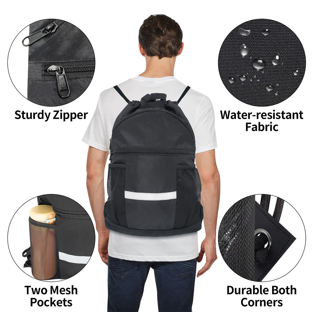 HOLYLUCK Men & Women Outdoor Sport Gym Sack Waterproof Drawstring Backpack Bag (Simple Drawstring, Black x 2)