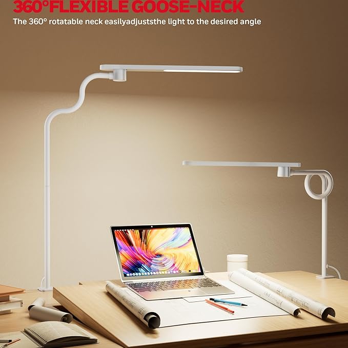 Honeywell HJ2 Gooseneck LED Desk Lamp with Clamp,3-Color Stepless Dimming.Flexible Metal Lamp Arm,CRI ≥ 97.Adjustable Small Desk Lamp for Home Office,Studying, Reading, Artists & Crafters（White）