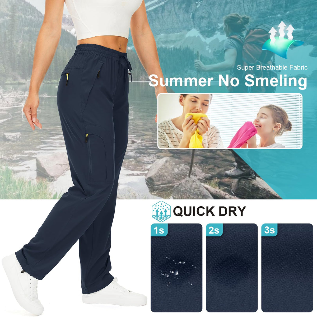 Toomett Women's Hiking Pants Quick Dry UPF 50 Travel Golf Pants Lightweight Camping Work Cargo Pants Zipper Pockets,6608,Blue,XS