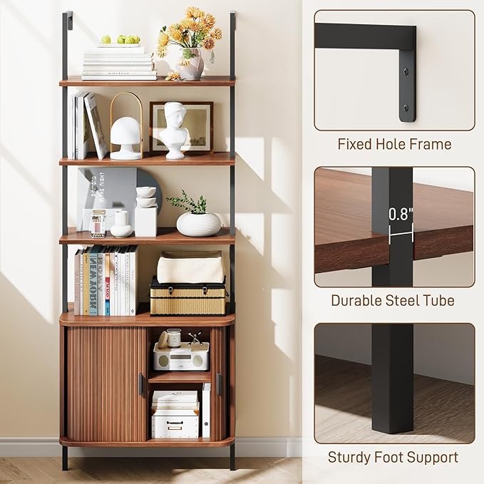 72" Tall Fluted Bookshelf, 4-Tier Open Display Ladder Shelf with Sliding Tambour Doors, Modern Wall Mounted Bookcase Cabinet with Metal Frame for Living Room, Bedroom, Home Office, Walnut