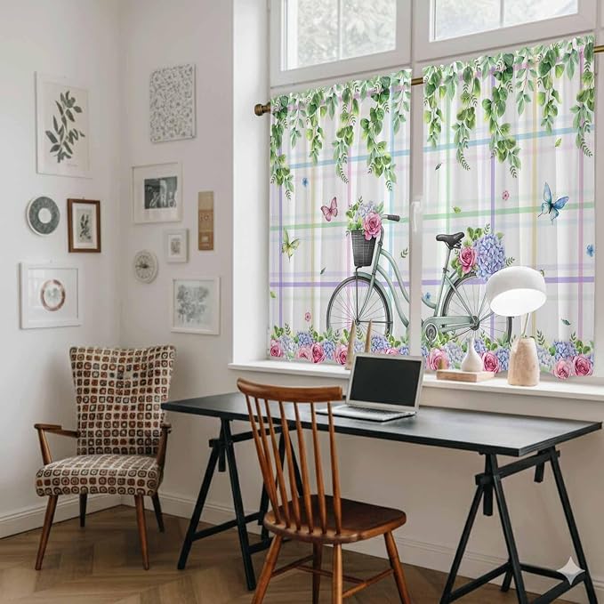 Spring Tier Curtains, Bicycles Botanical Leaves Rose Colorful Stripes Light