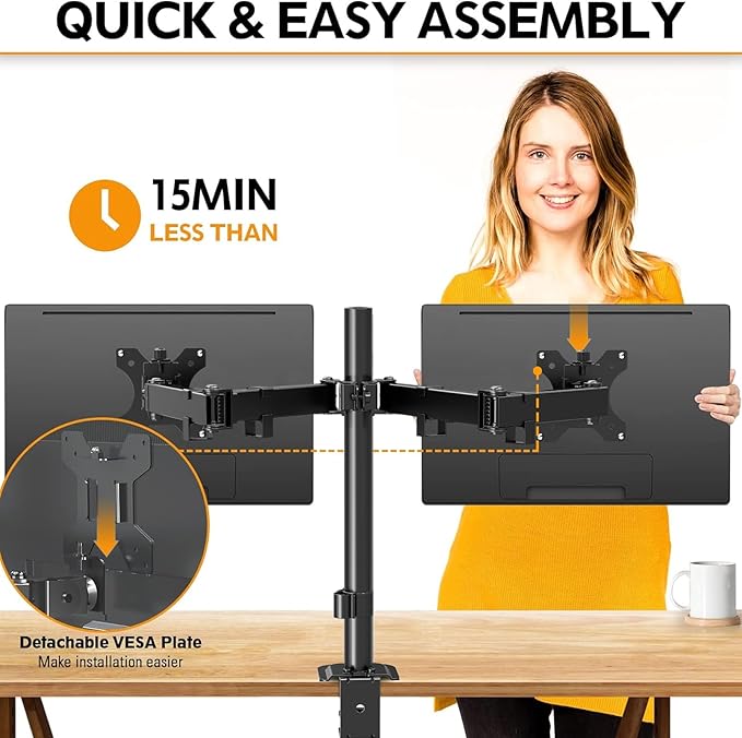 MOUNTUP Dual Monitor Desk Mount, Max 32 Inch up to 17.6lbs, Fully Adjustable Dual Monitor Arm for 2 LCD Screens, Double Monitor Stand with C-Clamp and Grommet Base