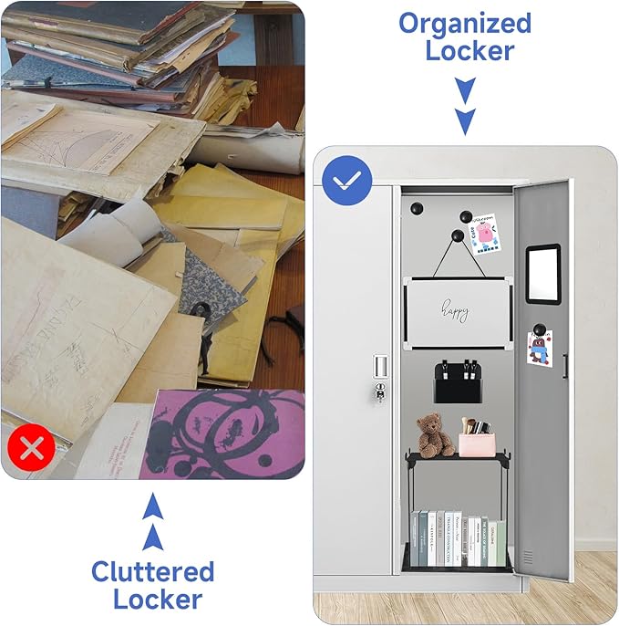 12 Pcs Locker Organizer and Decorating Kit, First Day of School Essentials for Girl Marble Print Whiteboard with Markers Locker Shelf Plush Area Rug String Light Mirror Magnetic Cup and Magnet (Black)