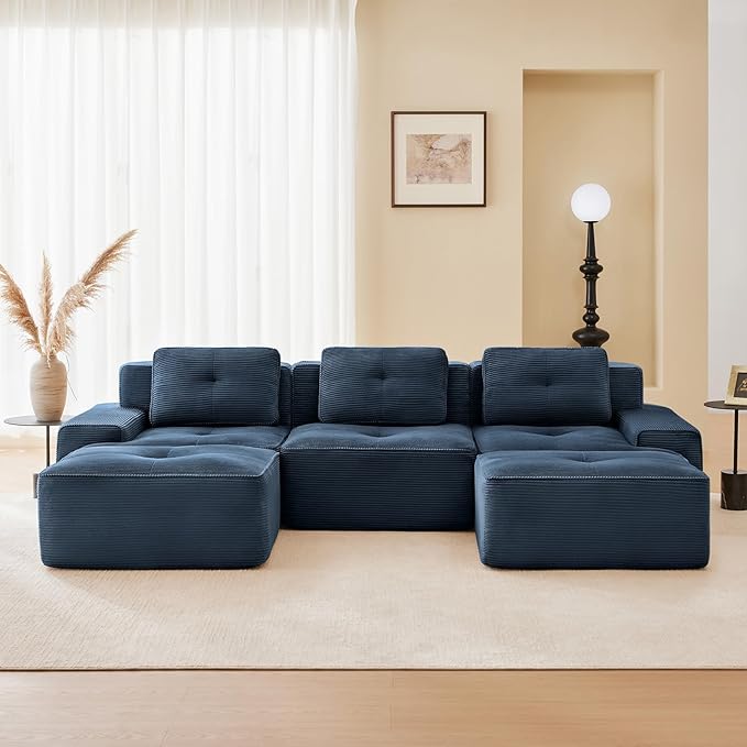 115" Modern Corduroy Cloud Sofa with Ottoman, U Shaped Boneless Modular Large Sectional Couches for Living Room, Blue 3 Seater Compressed Memory Foam Couch, Extra Deep Seat, No Assembly