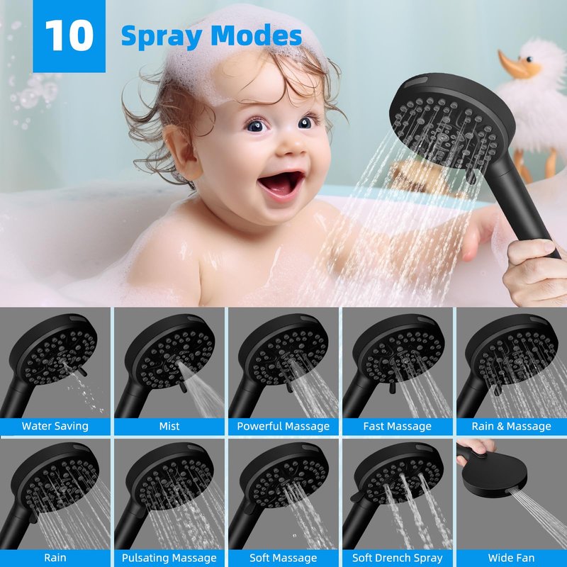 Hibbent cUPC Certified High Pressure 13'' Dual Shower Head Combo with 10-mode Handheld Spray, Rainfall 5-spray Shower Head, 12'' Adjustable Extension Arm, 71'' Hose, Showerhead Holder, Matte Black