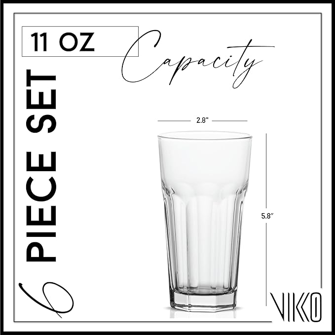 Vikko Drinking Glasses, 11 Ounce Glass Cups, Durable Glasses Drinking Set of 6, Tall Water Glasses, Stackable Highball Glasses, Heavy Base Tumblers & Water Glasses, Dishwasher Safe Cups