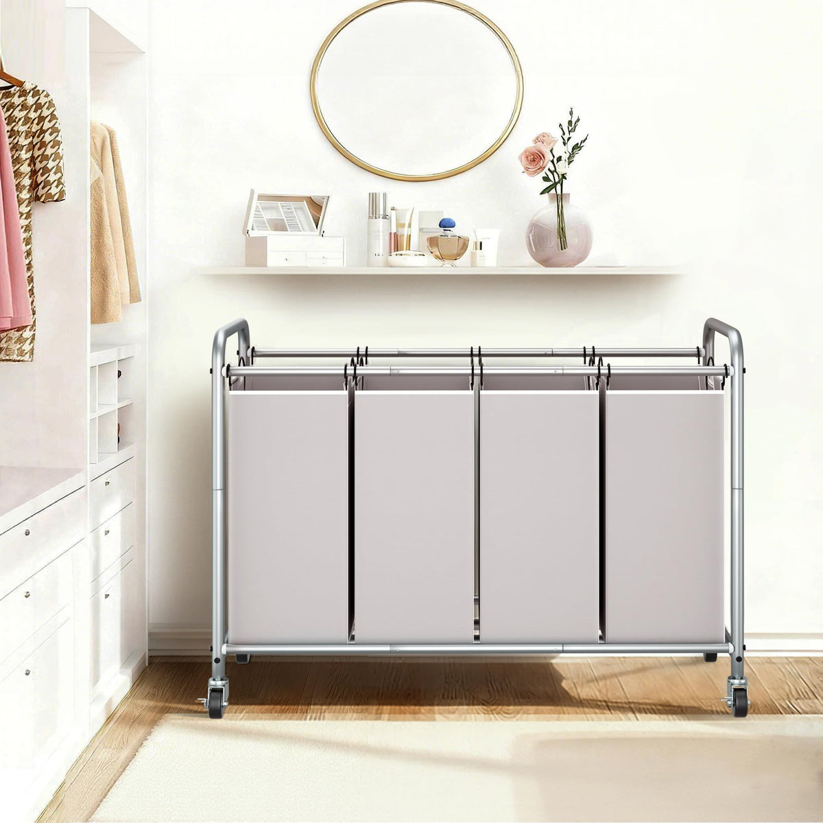 STORAGE MANIAC Laundry Sorter 4 Section, 47.5 Gal (180 L) Laundry Hamper with Wheels, Clothes Divider Basket Sorter, Separator Hamper Cart with Removable Bags, Gray
