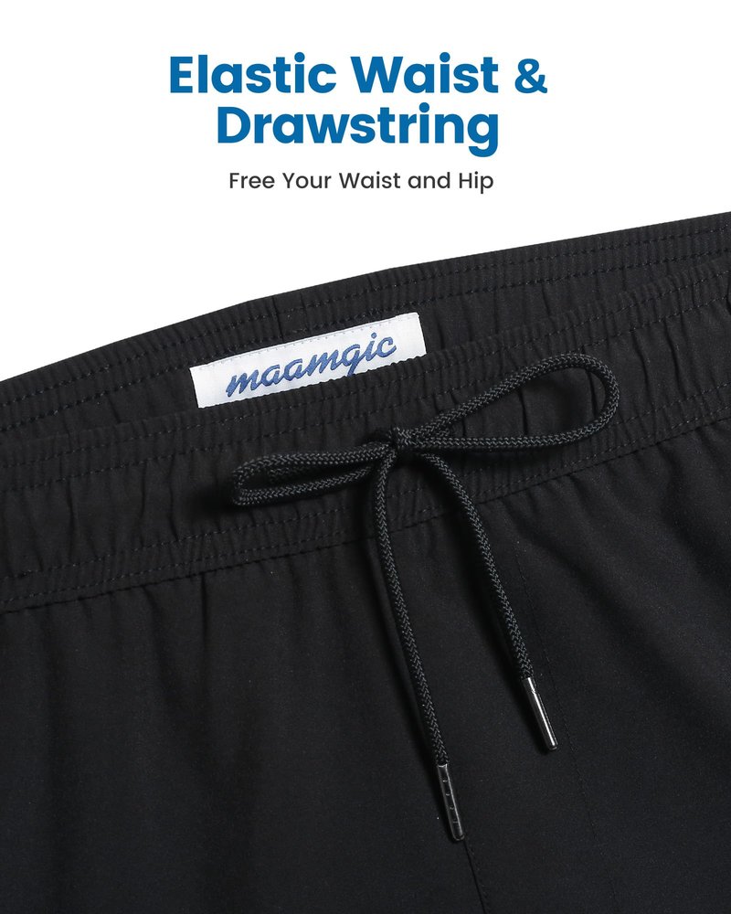 maamgic 5inch Mens Swimming Trunks with Compression Liner 2-in-1 Swim Trunks Stretch Quick Dry Swim Shorts Zipper Pockets Black and Black Large