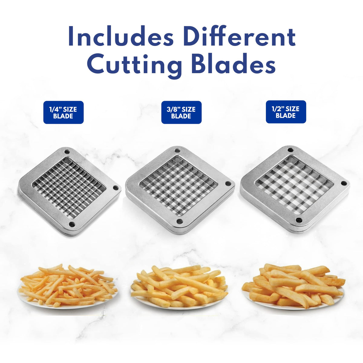 New Star Foodservice Commercial Grade French Fry Cutter with Complete Combo Sets, Die Cast Iron and 18/8 Stainless Steel, 1/4-Inch, 3/8-Inch, 1/2-Inch, 6-Wedge, and 8-Wedge Replacement Blades