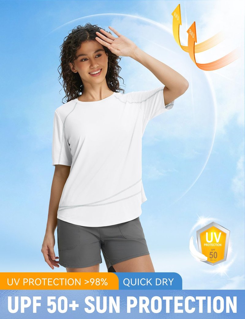 baleaf Women's UPF 50+ Sun Protection Shirt Quick Dry Lightweight UV Shirt Short Sleeve for Running Hiking Travel Workout White XL