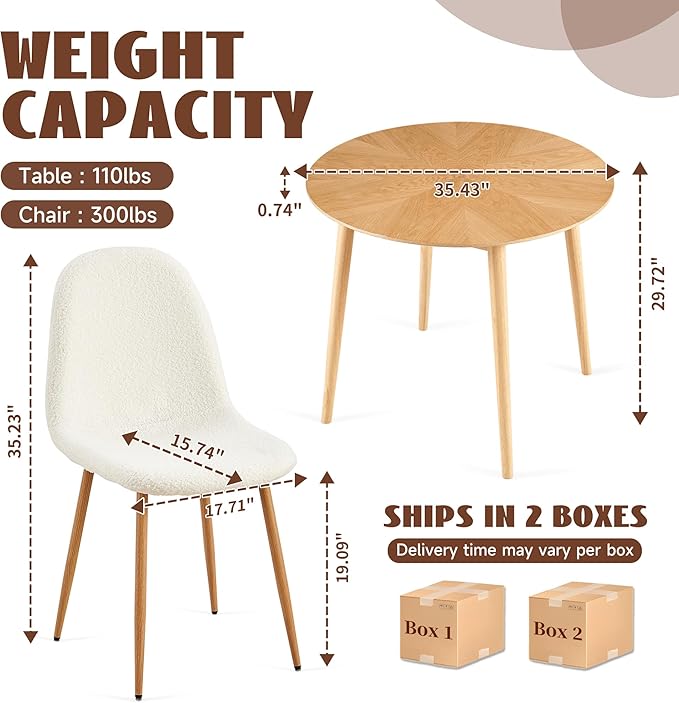 Small Oak Round Dining Table Set for 4, Modern 35'' Kitchen Coffee Table with 4 White Teddy Velvet Dining Chairs for Dining Room Apartment