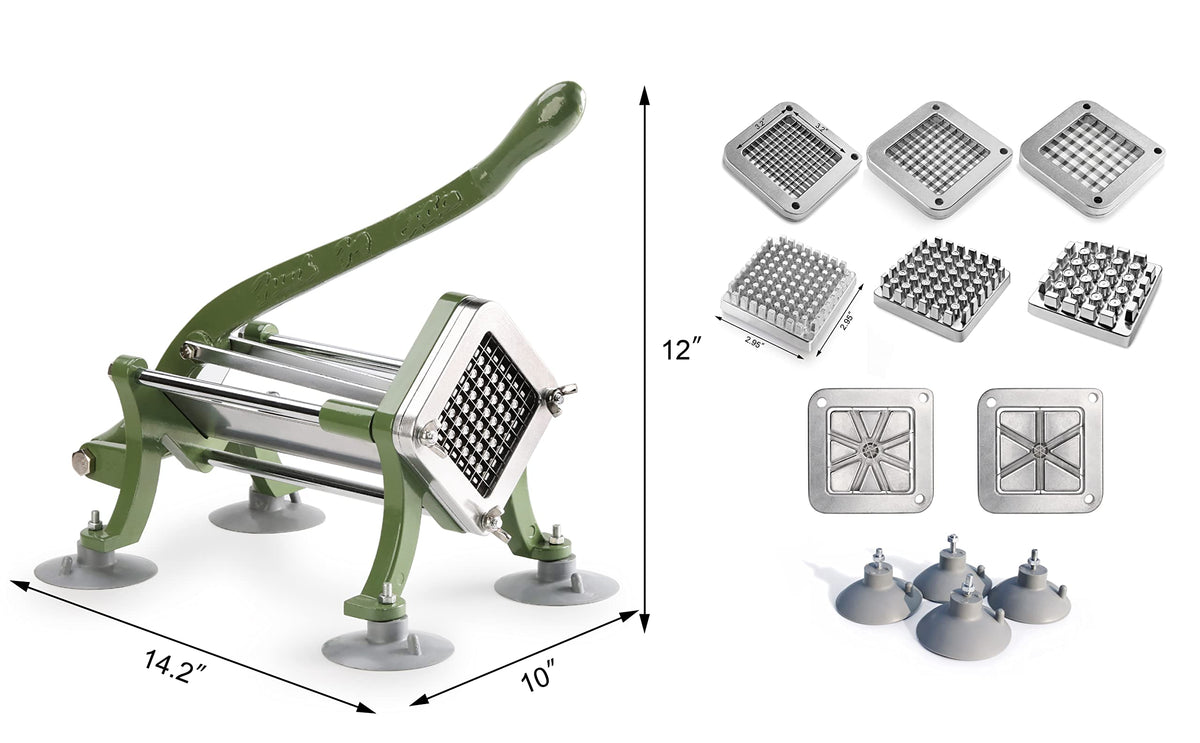 New Star Foodservice Commercial Grade French Fry Cutter with Complete Combo Sets, Die Cast Iron and 18/8 Stainless Steel, 1/4-Inch, 3/8-Inch, 1/2-Inch, 6-Wedge, and 8-Wedge Replacement Blades
