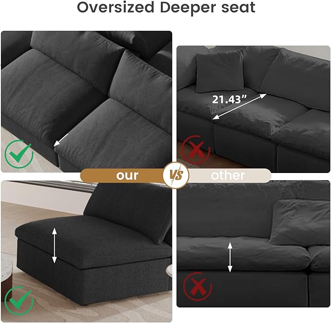 Cloud Couch Modular Sectional Sofa,160.6" L Shaped Convertible Sectional Sofas with Storage Ottoman for Living Room,Minimalist Deep 5 Seater, Covers Washable&Replaceable(Black)