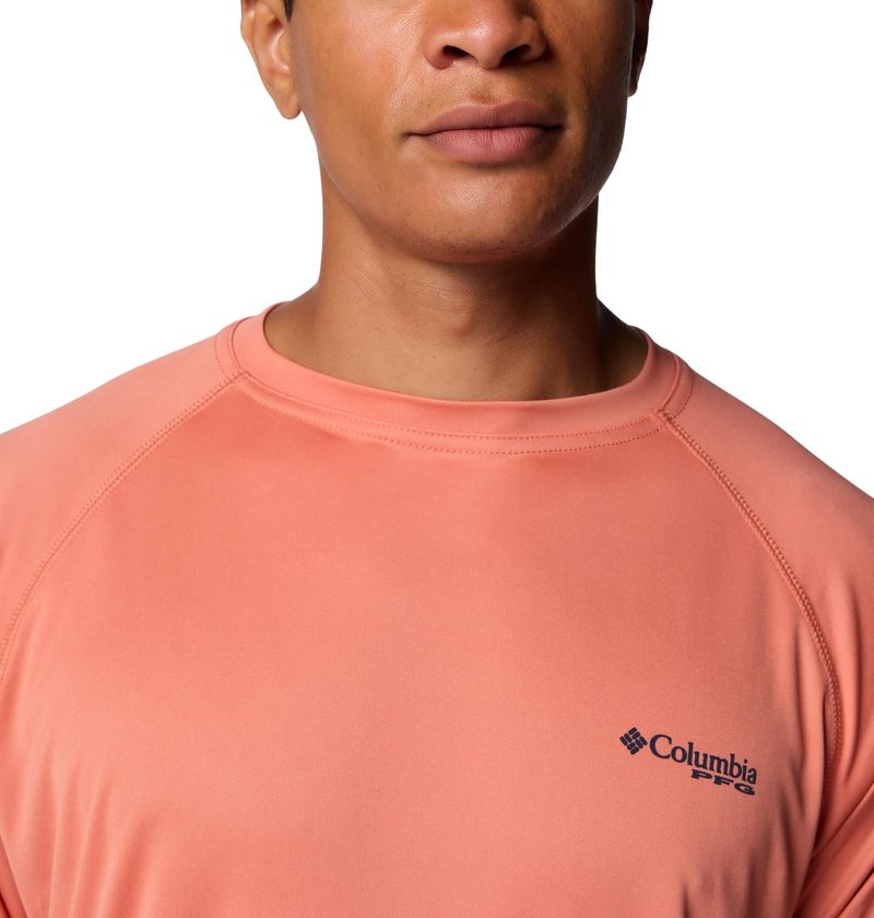 Columbia Men's Terminal Tackle Long Sleeve Shirt, Faded Peach/Collegiate Navy Logo, Large
