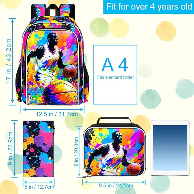 KLFVB 3PCS School Backpack for Boys, 17" Kids Basketball Bookbag and Lunch Box, Water Resistant Backpack for Teenagers Middle Elementary - Spray-painted Basketball
