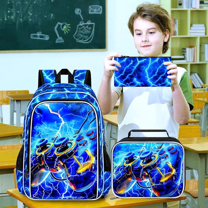 KLFVB 3PCS School Backpack for Kids, 17" Boys Game Bookbag and Lunch Box, Water Resistant Teenagers Backpacks for Middle Elementary - Lightning Game
